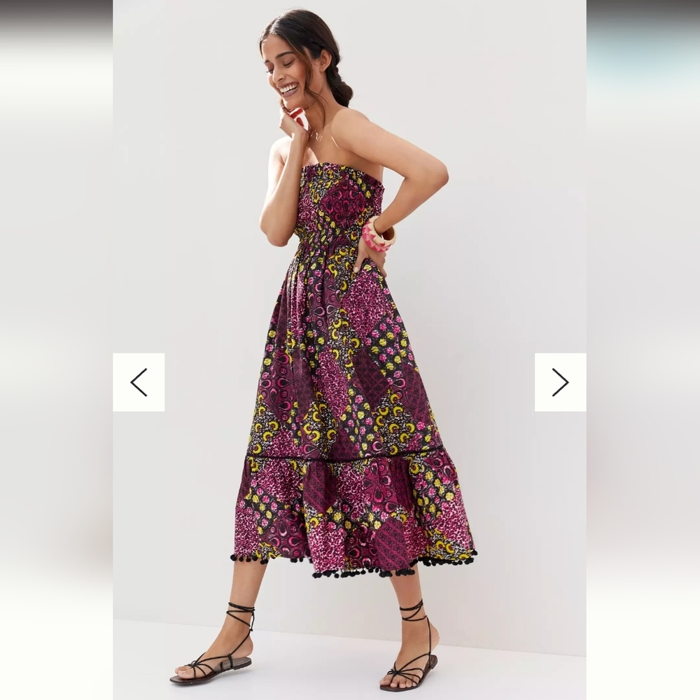 Anthropologie Women's XS Smocked Patchwork Midi Colorful Dress